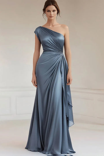 Robe formelle froncée bleue grise à une épaule